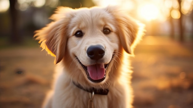 un cachorro de golden retriever esponjoso con grandes ojos marrones y una expresión feliz