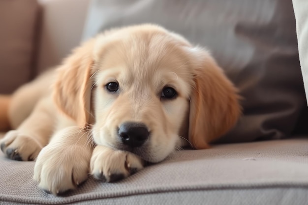 Un cachorro golden retriever está descansando en un sofá.