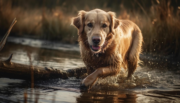 Un cachorro de golden retriever jugando en la naturaleza húmeda alegre y lindo generado por la inteligencia artificial