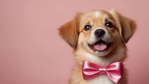 Un cachorro de Golden Retriever juguetón con un arco aislado en rosa pastel con espacio para el texto