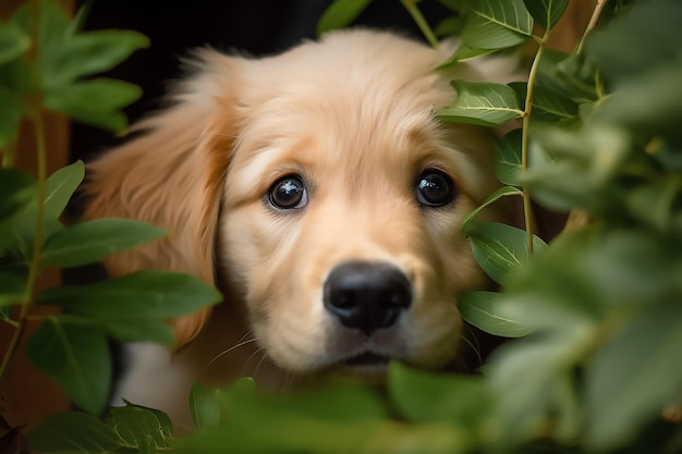 Un cachorro golden retriever mira desde un arbusto.