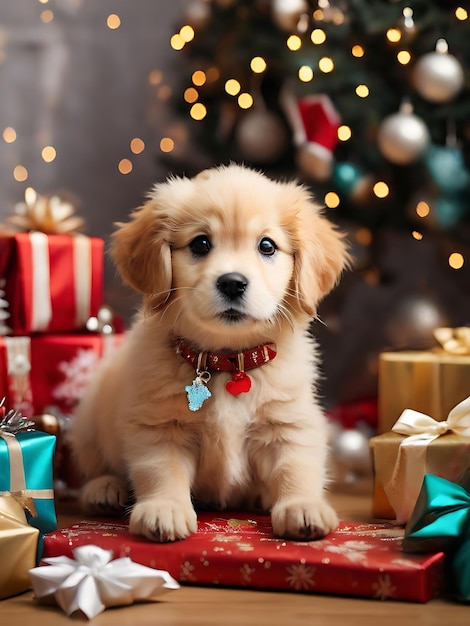 Cachorro Golden Retriever na frente de uma árvore de Natal ai imagem