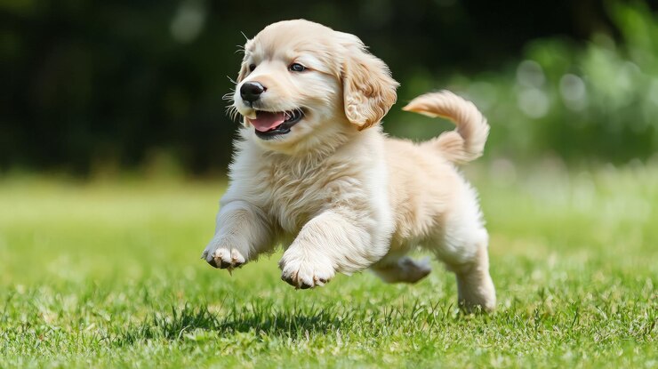 Un cachorro de golden retriever saltando por la hierba