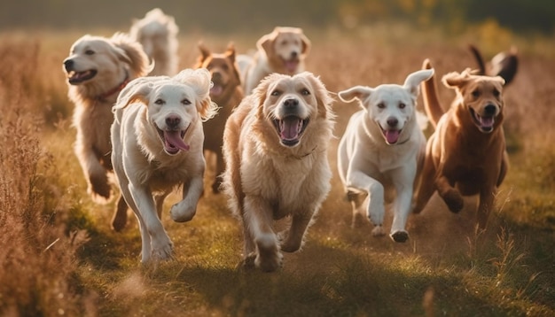 Cachorro de golden retriever saltando a la luz del sol juguetón y lindo generado por IA