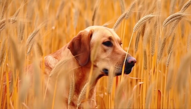 Foto cachorro de golden retriever sentado en un campo de trigo disfrutando de la belleza natural generada por ia