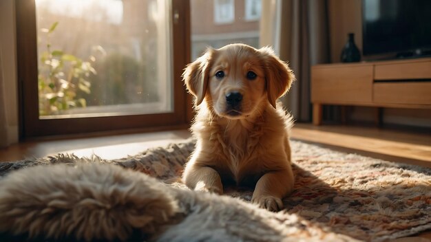 Un cachorro de Golden Retriever sentado en el suelo cerca de la ventana