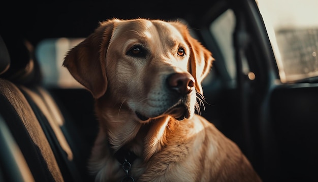 Cachorro de golden retriever sentado en la ventana del auto generado por IA