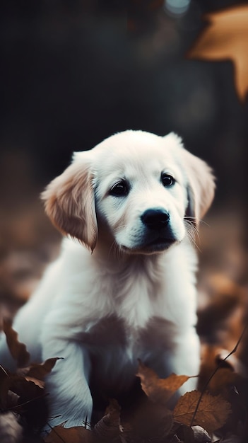 Un cachorro golden retriever se sienta en las hojas.