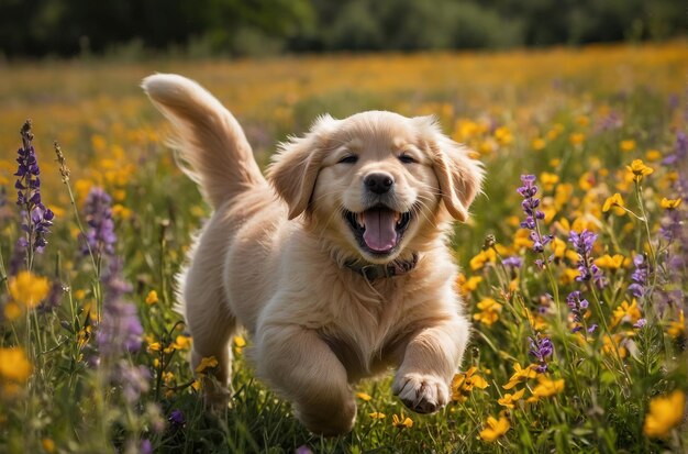 Foto el cachorro de golden retriever yace entre las flores