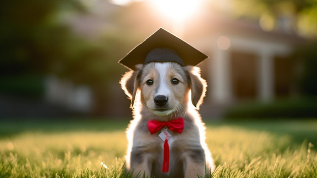 Un cachorro con una gorra de graduación se sienta en la hierba con un lazo rojo.