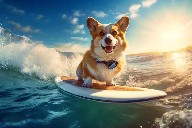 Un cachorro gracioso está sufriendo en las olas ilustración de arte digital de mascotas lindas