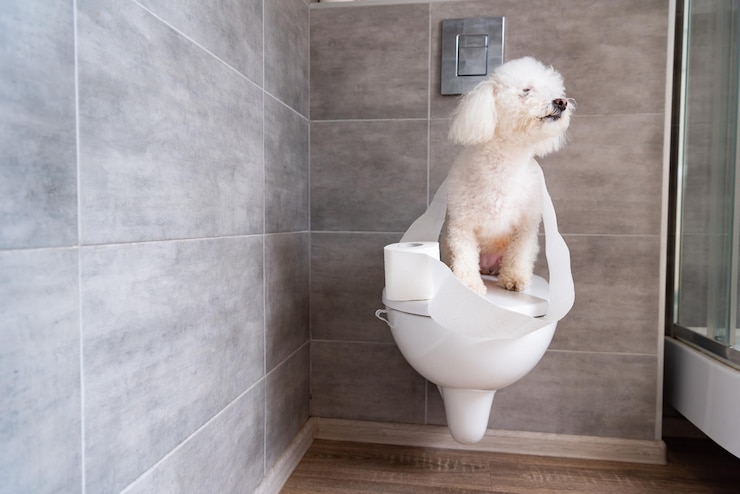 Foto cachorro havanês enrolado em papel higiênico sentado no banheiro fechado no banheiro