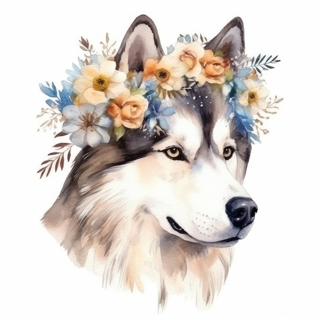 Cachorro Husky em uma coroa de flores