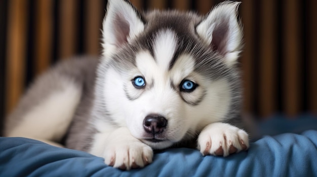 un cachorro husky con ojos azules tendido sobre una manta azul.