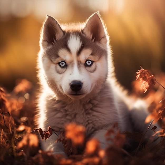 Cachorro de husky siberiano acostado en hojas de otoño Hermoso retrato de perro husky siberiano