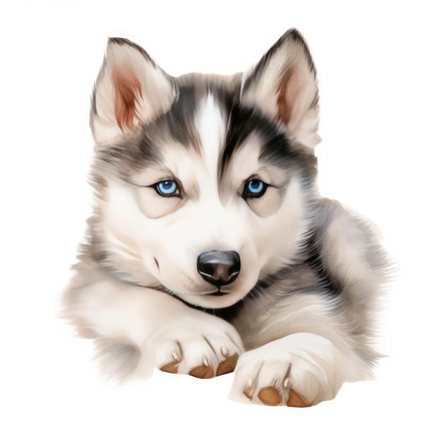 Cachorro de husky siberiano en acuarela hiperrealista, detalles intrincados y un impresionante fondo blanco