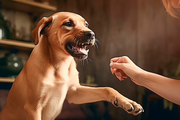 Cachorro irritado com a boca aberta com presas está latindo na mão da pessoa Conceito de comportamento do cão IA generativa