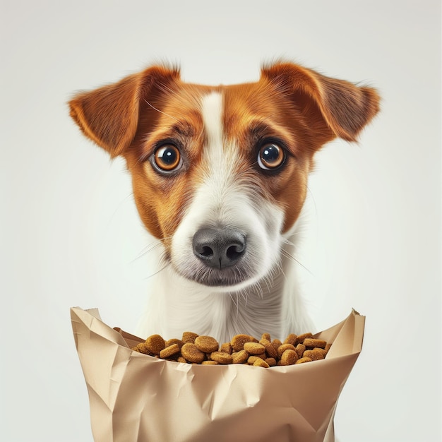 Cachorro Jack Russell com pacote de comida para cães