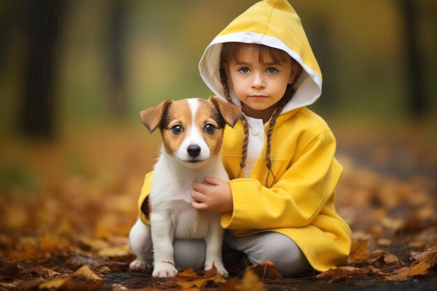 Foto un cachorro de jack russell terrier abrazando la lluvia de otoño con una chica en un umbro amarillo