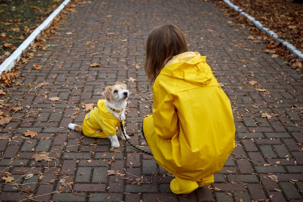 Cachorro de jack russell terrier en un impermeable amarillo y una niña están caminando en el parque