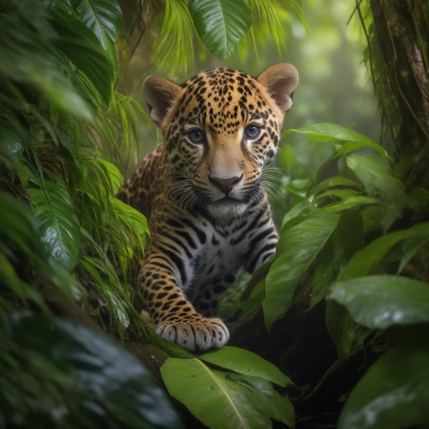 Un cachorro de jaguar en una selva tropical