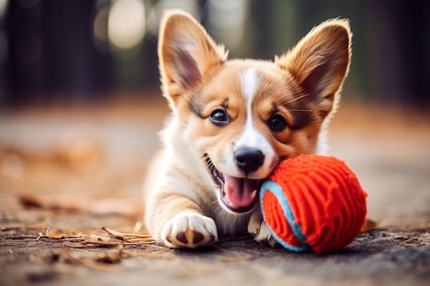 Foto un cachorro juega con una pelota que tiene la palabra perro en ella.