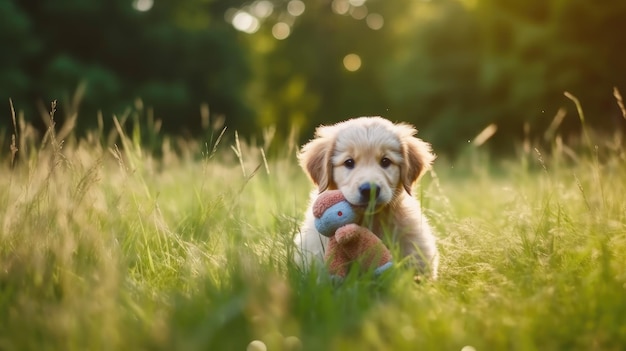 Un cachorro jugando con un juguete en un campo.