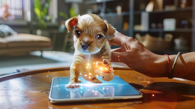 Un cachorro jugando con una tableta en una acogedora sala de estar