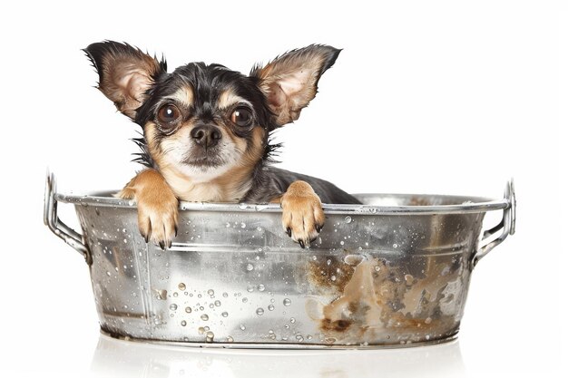 Un cachorro juguetón en la bañera