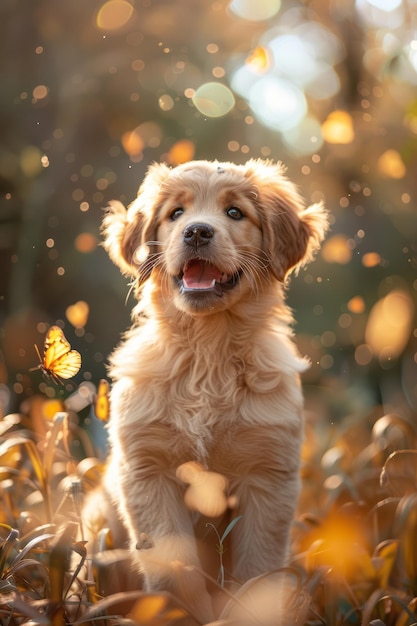 Foto un cachorro juguetón bromeando en un patio trasero soleado persiguiendo mariposas y cayendo en la hierba