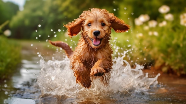 Un cachorro juguetón chapoteando en un charco generado por IA