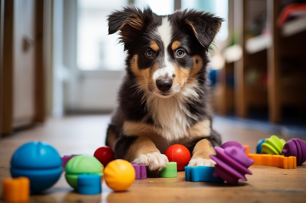 Cachorro juguetón con coloridos juguetes masticables Generative Ai