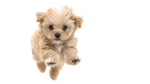 Un cachorro juguetón y un pequeño perro Maltipoo corriendo jugando aislado sobre un fondo blanco IA generativa