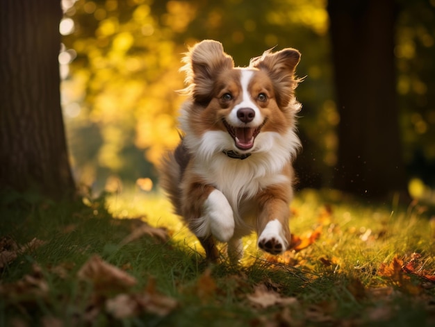 Un cachorro juguetón persiguiendo su cola en un exuberante parque verde