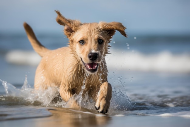 Cachorro juguetón en la playa corriendo y saltando en las olas creado con ai generativo