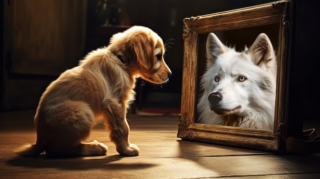 Cachorro Labrador branco olhando para um espelho e vendo seu reflexo como um lobo branco