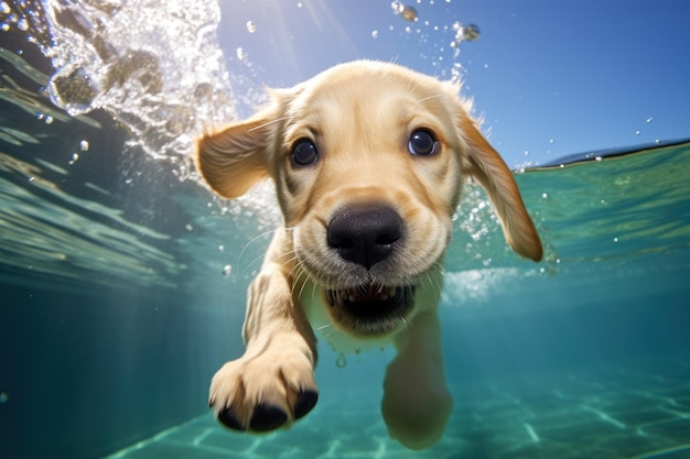 Un cachorro de labrador dorado jugando y entrenando bajo el agua