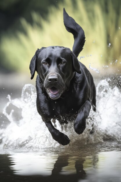 Cachorro labrador preto correndo na água sobre a grama criado usando tecnologia de IA generativa