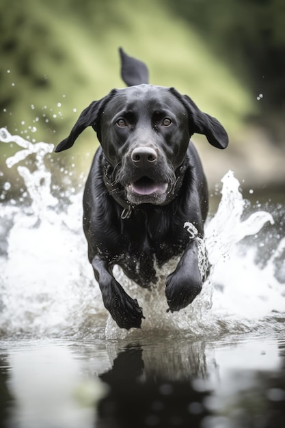 Cachorro labrador preto correndo na água sobre a grama criado usando tecnologia de IA generativa