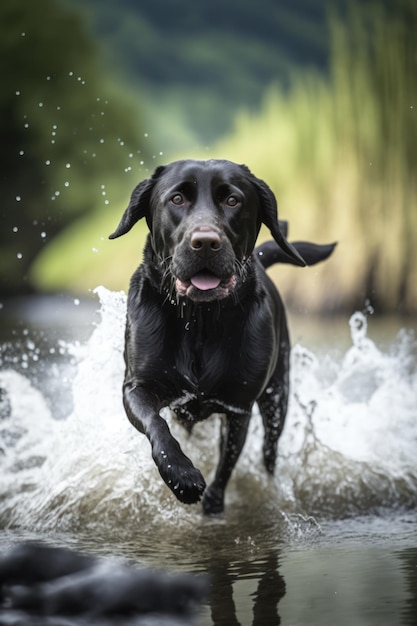 Cachorro labrador preto correndo na água sobre a grama criado usando tecnologia de IA generativa