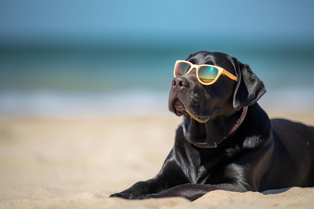 Cachorro labrador preto usando óculos escuros na praia