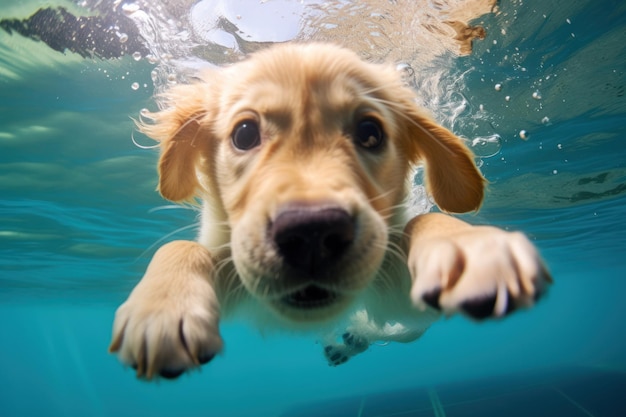 Un cachorro de Labrador retriever dorado jugando y entrenando bajo el agua