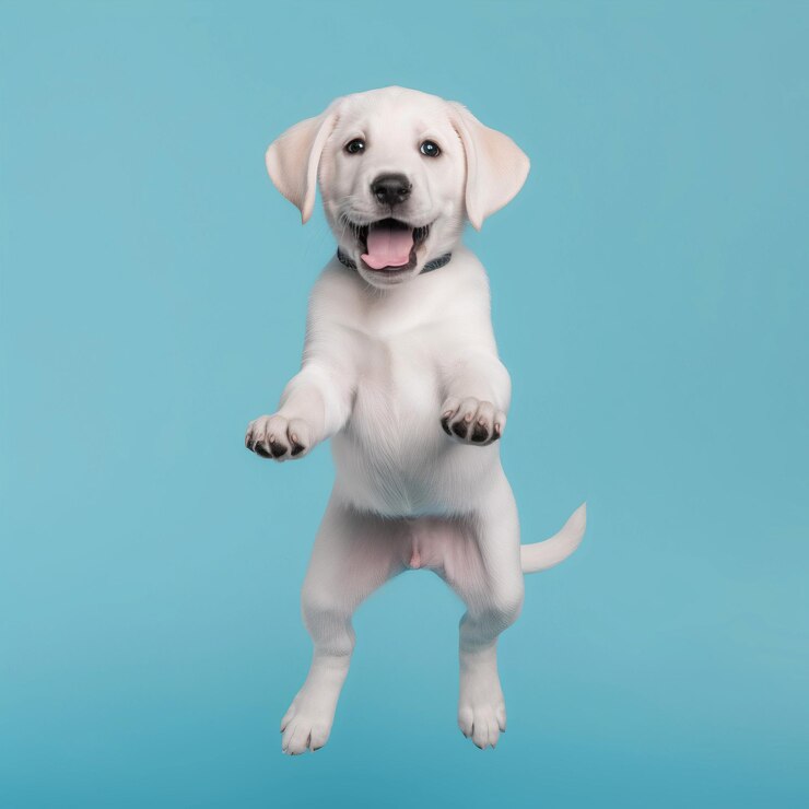 Cachorro de Labrador saltando sobre fondo azul limpio