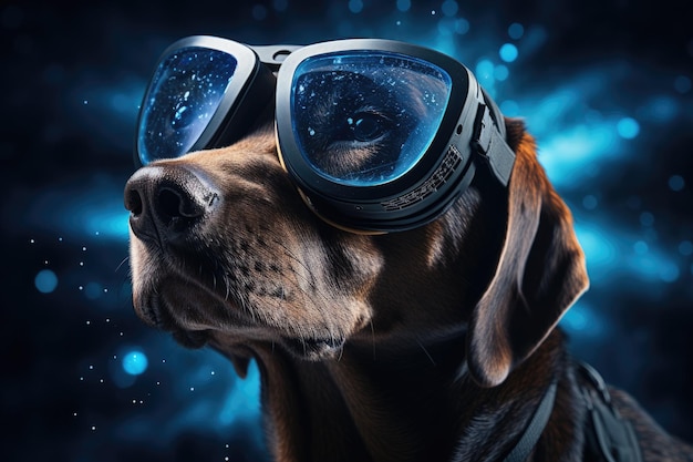 Cachorro labrador usando fone de ouvido VR surreal galáxia cósmica e fundo colorido Generative AI