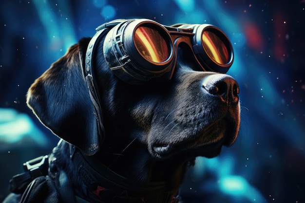 Cachorro labrador usando fone de ouvido VR surreal galáxia cósmica e fundo colorido Generative AI