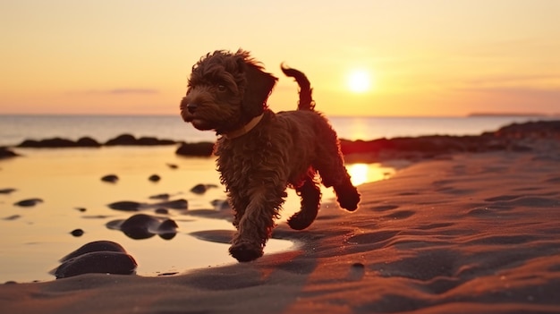 Un cachorro de Lagotto Romagnolo explorando una playa al atardecer