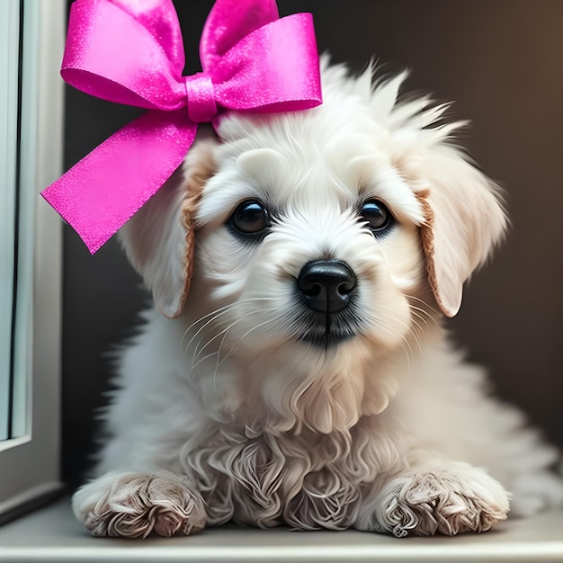 Un cachorro con un lazo rosa en la cabeza está sentado en el alféizar de una ventana.