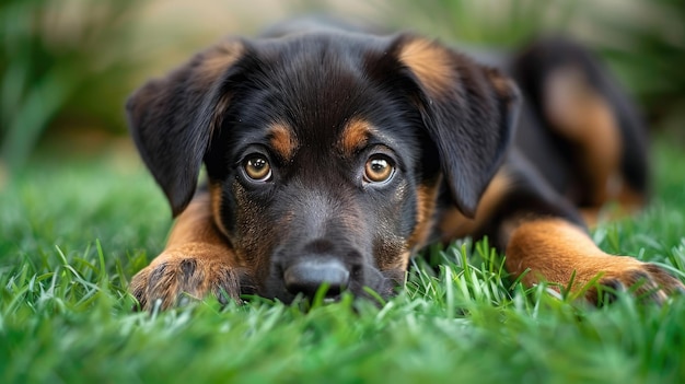 Cachorro leal deitado na grama verde