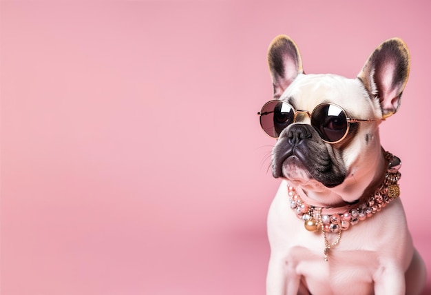 Cachorro legal com óculos de sol e sem pescoço em fundo rosa Copiar espaço para texto Aparência elegante estar na moda Estilo e moda Animal de estimação elegante Acessórios de joias IA generativa