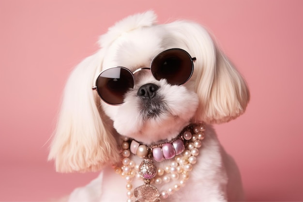 Cachorro legal com óculos escuros e sem pescoço em fundo rosa Aparência elegante estar na moda Estilo e moda Animal de estimação elegante Acessórios de joias Generative AI